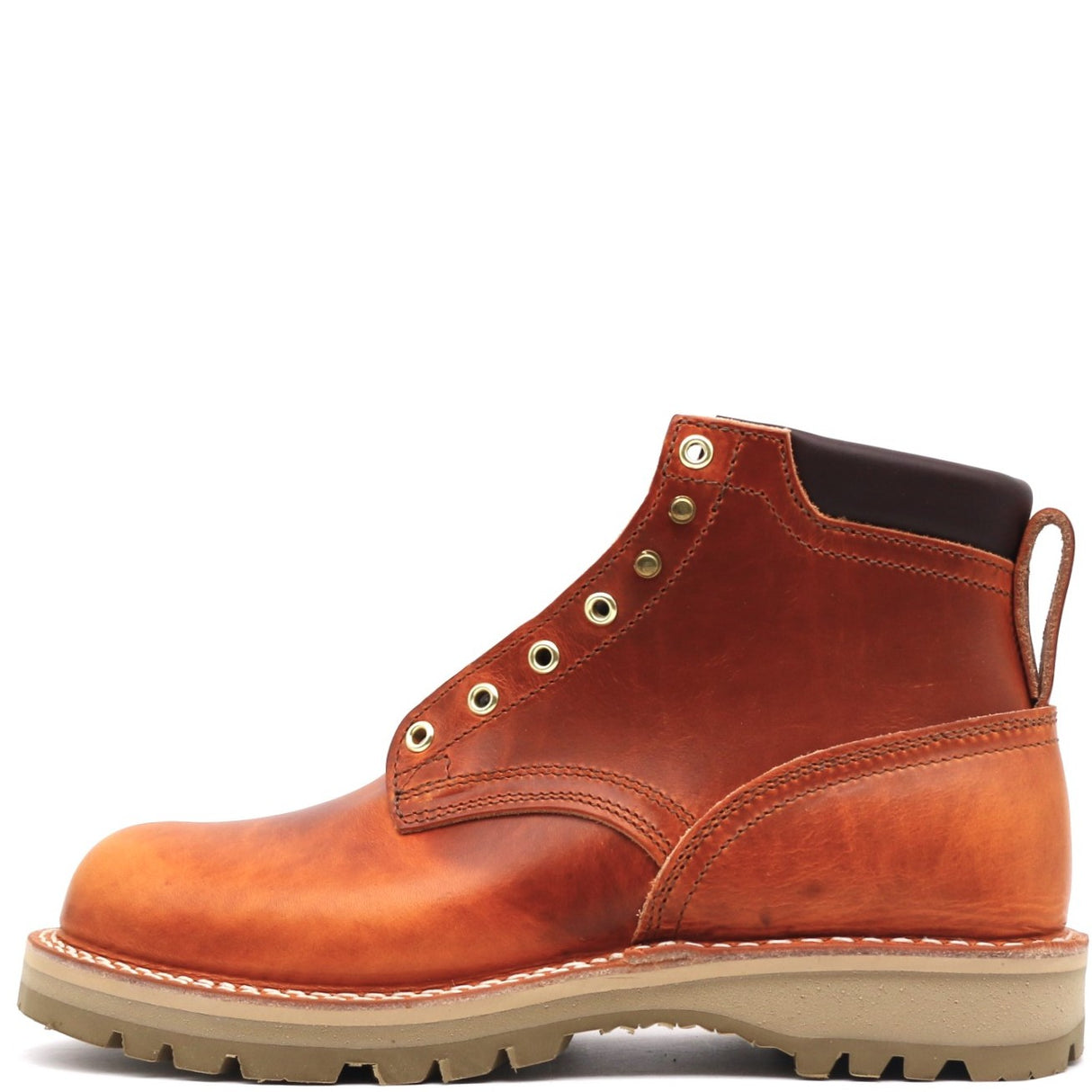 A single men's leather lace-up boot in a warm cognac brown, featuring brass eyelets, a pull tab, and a thick beige lug sole, shown against a plain white background.