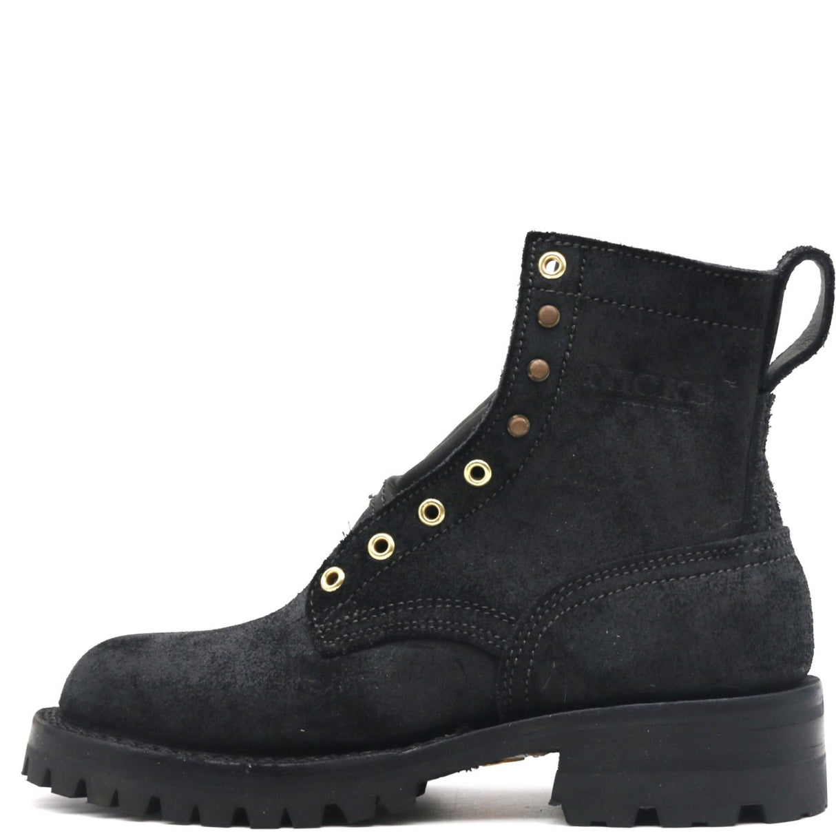 A black suede lace-up ankle boot with gold-tone metal eyelets and pull tabs, shown from a side profile on a white background.