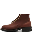 A single brown leather lace-up ankle boot with gold-tone metal eyelets and a black sole, shown in profile against a plain white background.