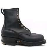 A single black leather lace-up work boot with brass eyelets and a pull tab, shown from a side profile view on a white background.