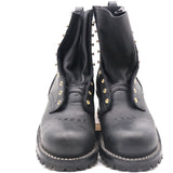 A pair of black leather lace-up ankle boots with gold-tone metal studs and eyelets, photographed against a plain white background.