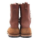 A pair of brown leather lace-up boots with thick brown suede-like soles, shown from the back against a plain white background.