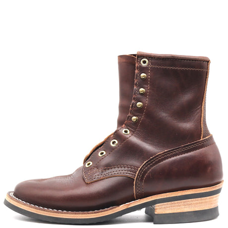 Nicks Handmade dark brown leather lace-up boot with brass eyelets and a stacked leather heel