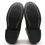 Close-up of the soles of a pair of black leather boots, showing the tread pattern, white contrast stitching, and heel sections on a white background.
