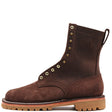 A dark brown suede lace-up ankle boot with brass eyelets, a pull tab, and a tan lug sole, shown from a side profile on a white background.