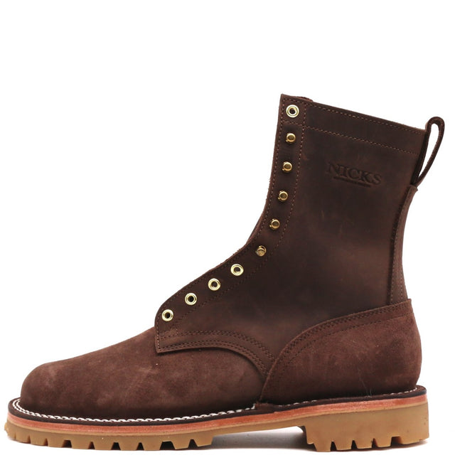 A dark brown suede lace-up ankle boot with brass eyelets, a pull tab, and a tan lug sole, shown from a side profile on a white background.