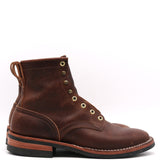A dark brown leather lace-up ankle boot with brass eyelets and a pull tab, shown from a side profile on a white background.