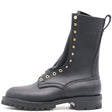 A black leather lace-up combat boot with gold-tone metal eyelets and studs, featuring a rugged sole and heel, shown against a plain white background.