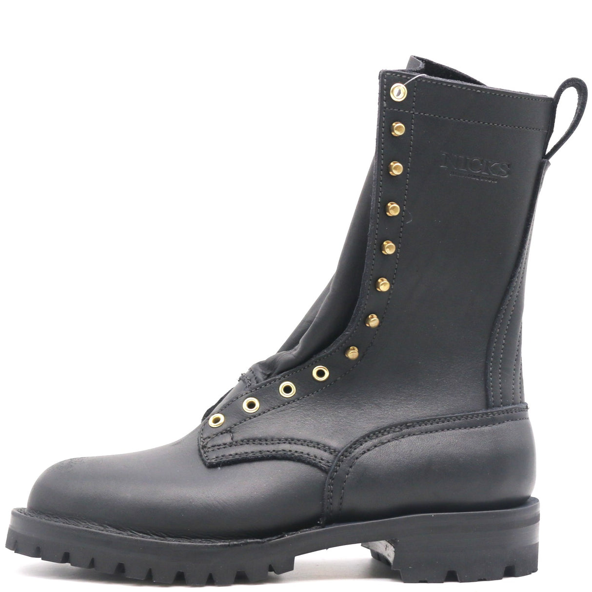 A black leather lace-up combat boot with gold-tone metal eyelets and studs, featuring a rugged sole and heel, shown against a plain white background.
