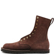 A dark brown suede lace-up boot with brass eyelets and studs, shown from a side profile on a white background.