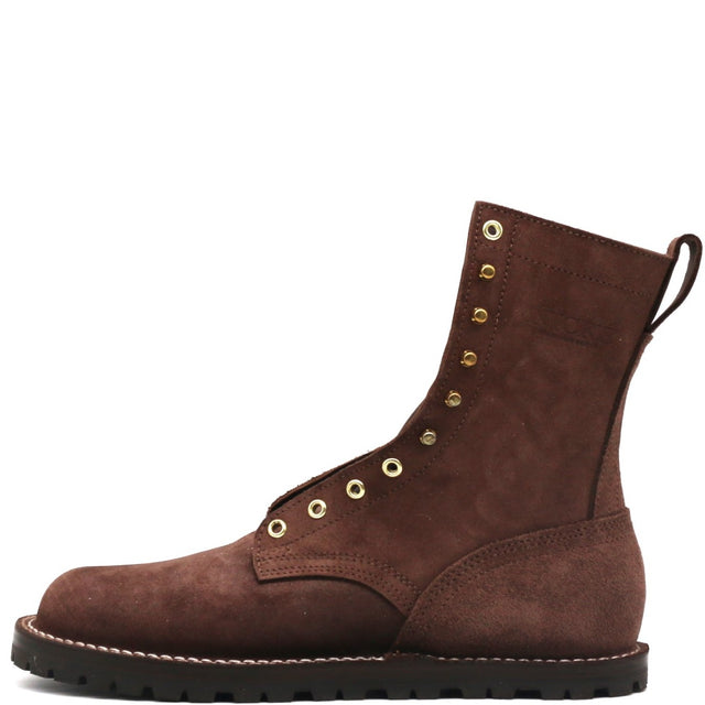 A dark brown suede lace-up boot with brass eyelets and studs, shown from a side profile on a white background.