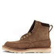A brown suede ankle boot with brass eyelets, a pull tab, and a thick off-white sole, shown from a side profile on a white background.