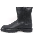 A single black leather ankle boot with a pebbled texture, a pull tab on the back, and a rugged sole, shown against a plain white background.