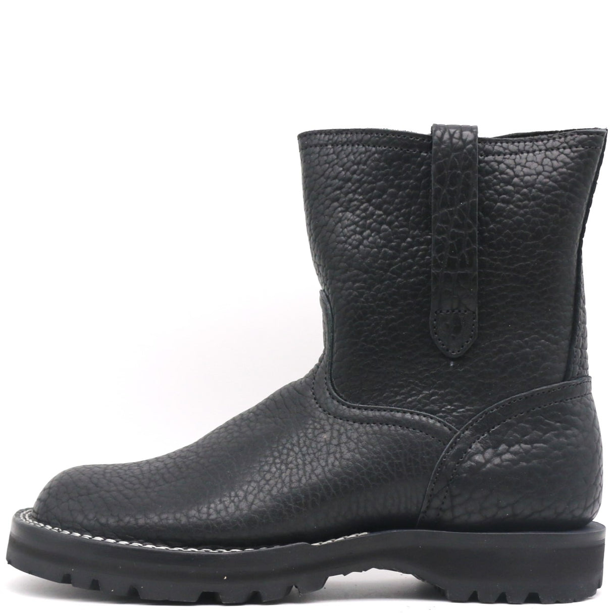 A single black leather ankle boot with a pebbled texture, a pull tab on the back, and a rugged sole, shown against a plain white background.