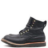 A single black leather lace-up ankle boot with gold-tone metal eyelets and stitching, shown from a side profile on a white background.