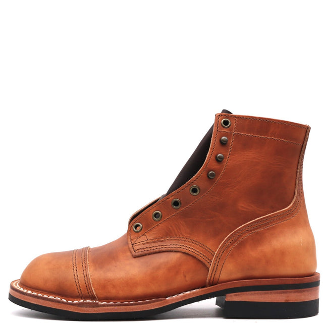 A single brown leather lace-up ankle boot with decorative metal eyelets and a black sole, shown from a side profile on a white background.