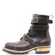 A dark brown leather ankle boot with multiple strap buckles, a pull loop, and a stacked wood-and-ferro sole, shown against a plain white background.