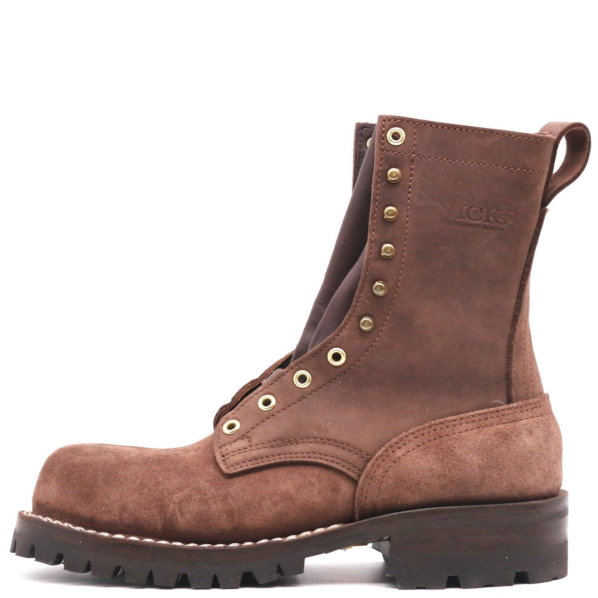 A brown suede lace-up work boot with brass eyelets, a pull tab, and a rugged black sole, shown from a side profile on a white background.