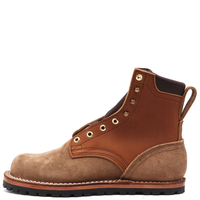 A single brown suede and leather lace-up ankle boot with brass eyelets, a pull tab, and a black outsole, shown from a side profile on a white background.