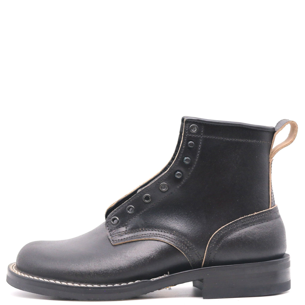 A black leather ankle boot with a low stacked heel, black laces, and contrast stitching, shown from a side profile on a white background.