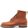 A single brown leather lace-up ankle boot with brass eyelets, a pull tab, and a stacked black and tan sole, shown from a side profile on a white background.