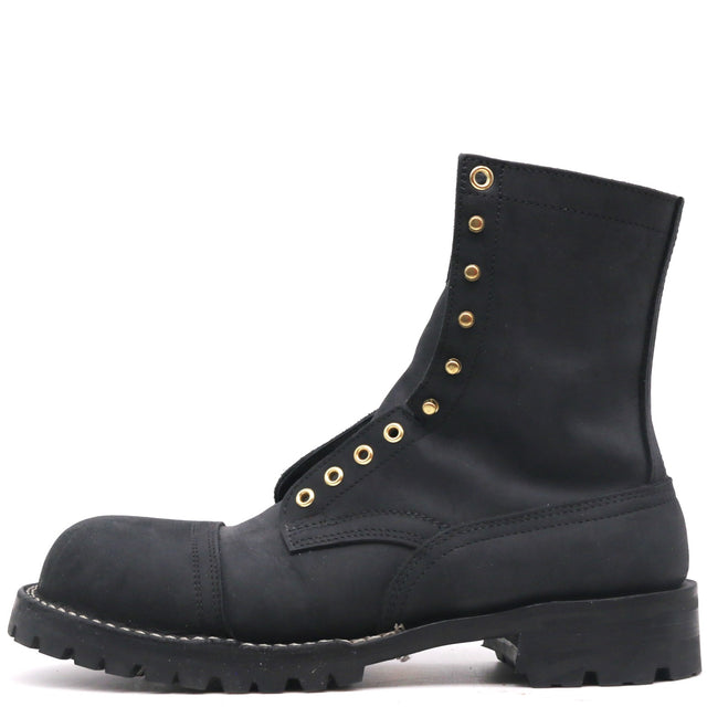 A black leather lace-up ankle boot with gold-tone metal eyelets and studs, shown from a side profile on a white background.