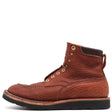 A single brown leather lace-up boot with a textured grain finish, brass eyelets, and a black sole, shown from a side profile on a white background.