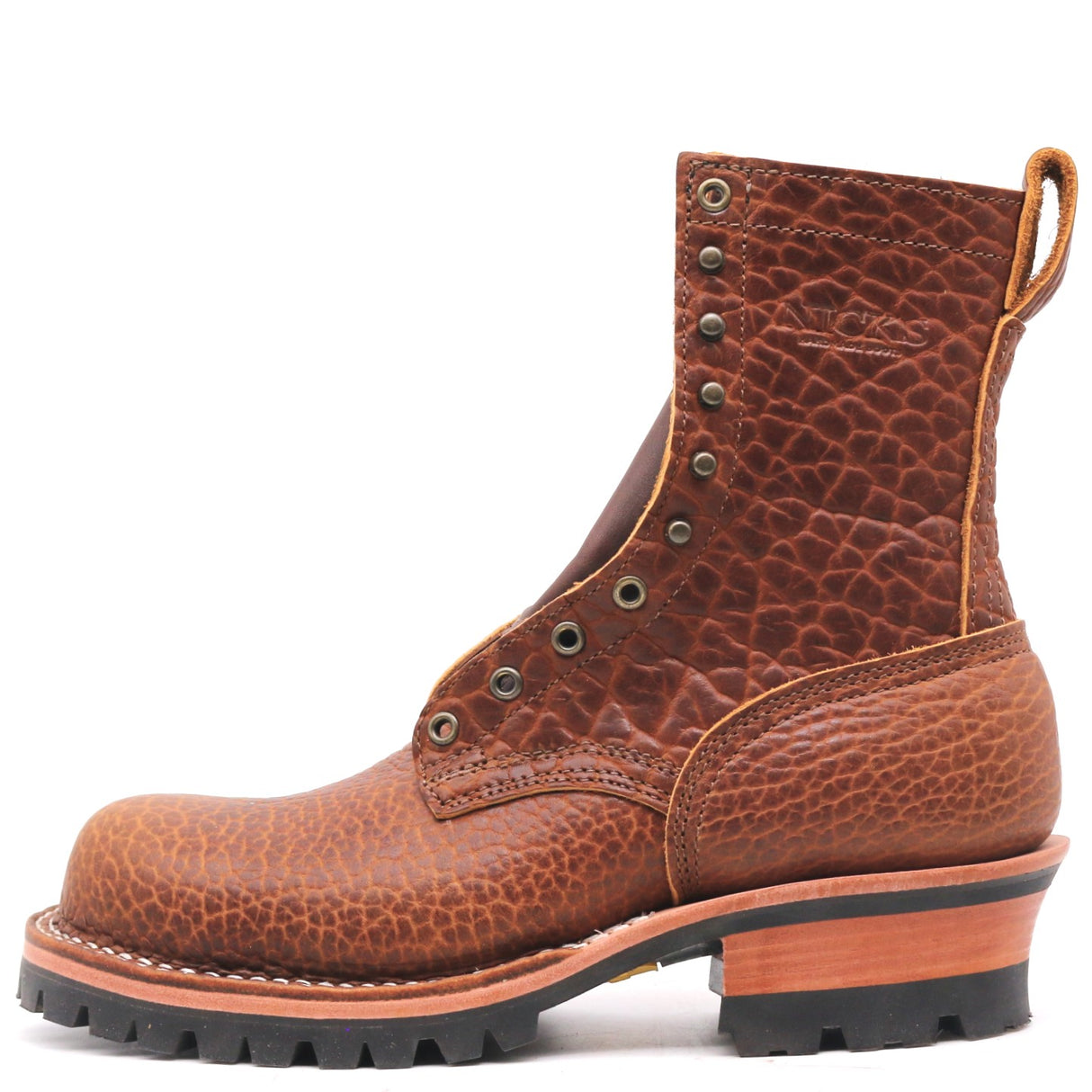 A single brown textured leather lace-up boot with a rugged black sole and a stacked wood-and-leather heel, shown on a plain white background.