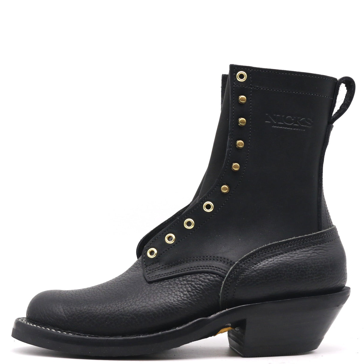 A black leather lace-up ankle boot with gold-tone metal eyelets and studs, featuring a low block heel and a pull tab, shown from a side profile on a white background.