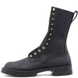 A black leather lace-up combat boot with gold-tone metal eyelets and studs, shown from a side profile on a white background.