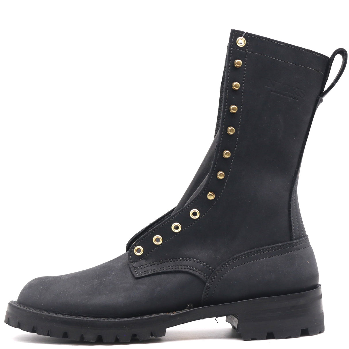 A black leather lace-up combat boot with gold-tone metal eyelets and studs, shown from a side profile on a white background.