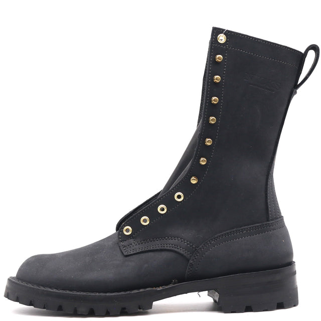 A black leather lace-up combat boot with gold-tone metal eyelets and studs, shown from a side profile on a white background.