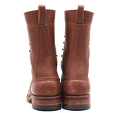 A pair of brown leather lace-up boots shown from the back, featuring pull tabs, decorative stitching, and stacked soles on a white background.