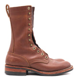 A single brown leather lace-up boot with brass eyelets and a pull loop, shown in a side profile on a white background.