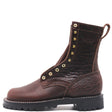 A dark brown leather lace-up boot with a textured pebbled finish, gold-tone metal eyelets, and a black lug sole, shown from a side profile on a white background.