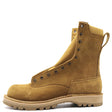 A single mid-calf work boot in tan suede with dark metal eyelets, a pull tab, and a thick beige lug sole, shown from a side profile on a white background.