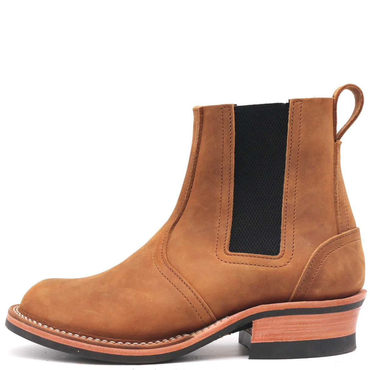 A single brown suede Chelsea boot with a black elastic side panel and a stacked wood-look heel, shown from a side profile on a white background.