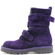 A single purple suede ankle boot with two adjustable strap closures and black buckles, shown from a side profile on a white background.