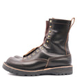 A single dark brown leather lace-up boot with brass eyelets and studs, shown in a side profile on a white background.