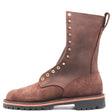 A brown leather lace-up boot with brass eyelets, a pull tab, and a black lug sole, shown from a side profile on a white background.