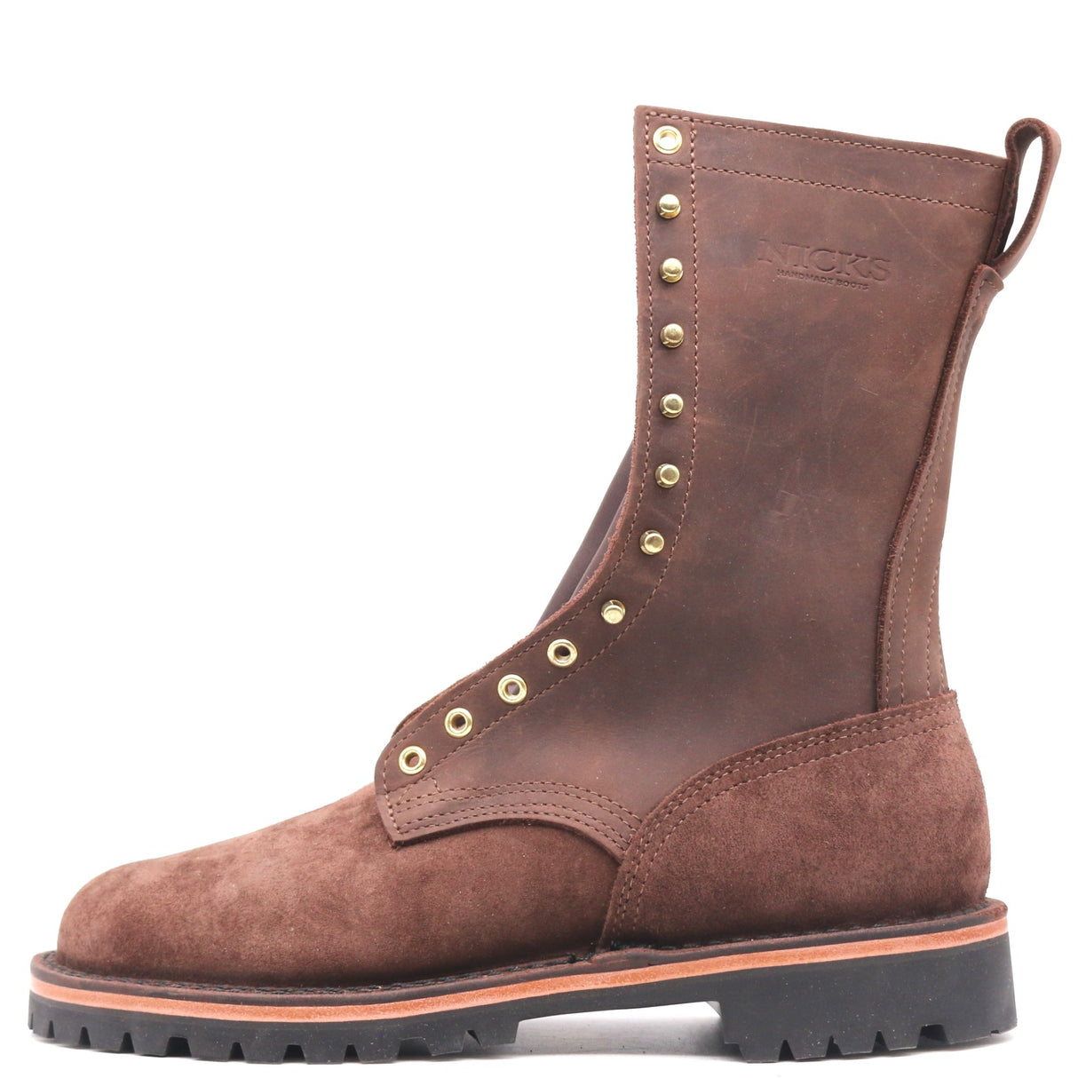 A brown leather lace-up boot with brass eyelets, a pull tab, and a black lug sole, shown from a side profile on a white background.