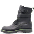 A black leather ankle boot with three adjustable straps and a rugged sole, featuring bright green contrast stitching and trim.
