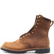 A brown leather lace-up ankle boot with brass eyelets, a pull tab, and a black lug sole, shown from a side profile on a white background.