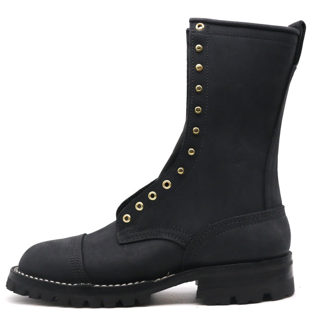 A black leather lace-up boot with gold-tone metal eyelets and studs, a rounded toe, and a thick lug sole, shown from a side profile on a white background.