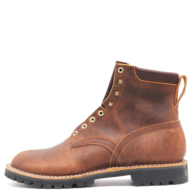 Side view of Nicks Handmade FlexWorkPro boot in brown leather with brass eyelets and heavy lugged sole