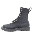 A dark gray suede lace-up ankle boot with gold-tone metal eyelets, a pull tab, and a rugged sole, shown from a side profile on a white background.