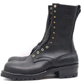 A pair of black leather lace-up boots with brass eyelets and studs, shown from a side profile view against a white background.