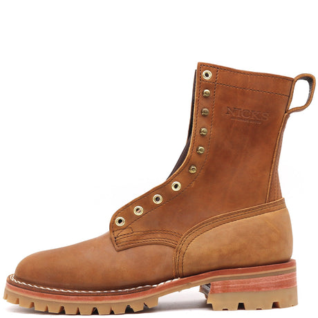 A single brown leather lace-up boot with brass eyelets, a pull tab, and a rugged lug sole, shown in a side profile on a white background.