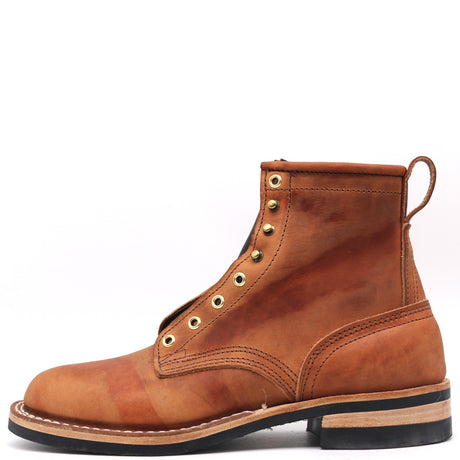 A single brown leather lace-up ankle boot with brass eyelets, shown from a side profile on a white background.