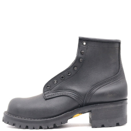 A single black leather lace-up work boot with a rugged lug sole and block heel, shown from a side profile on a white background.